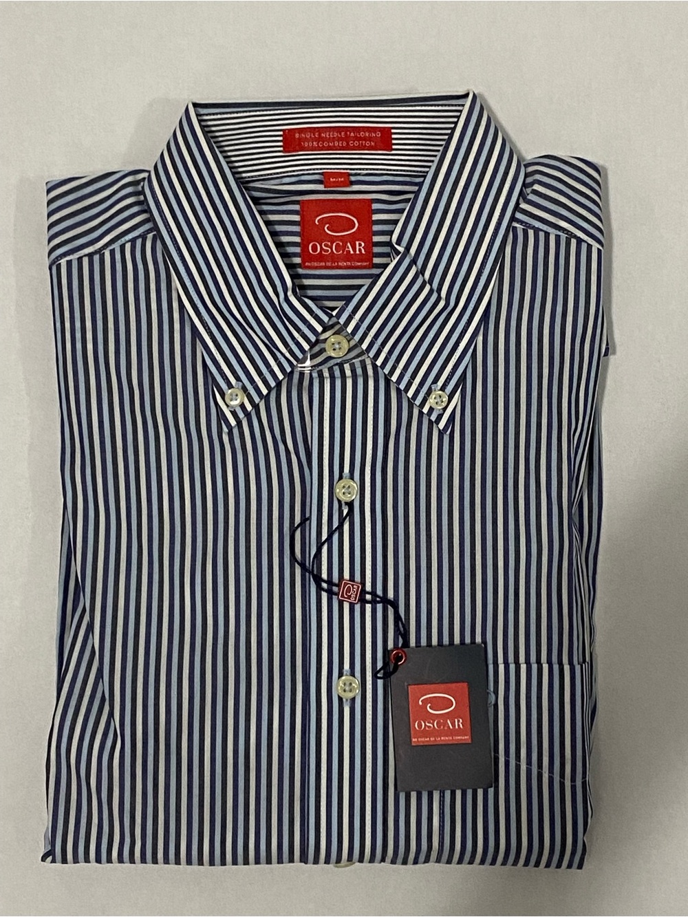 Oscar de la Renta Mens Shirt Navy and White Striped Dress Shirt Size M